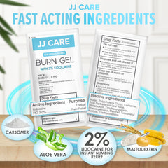 JJ CARE burn gel pack back shows usage notes for informed care