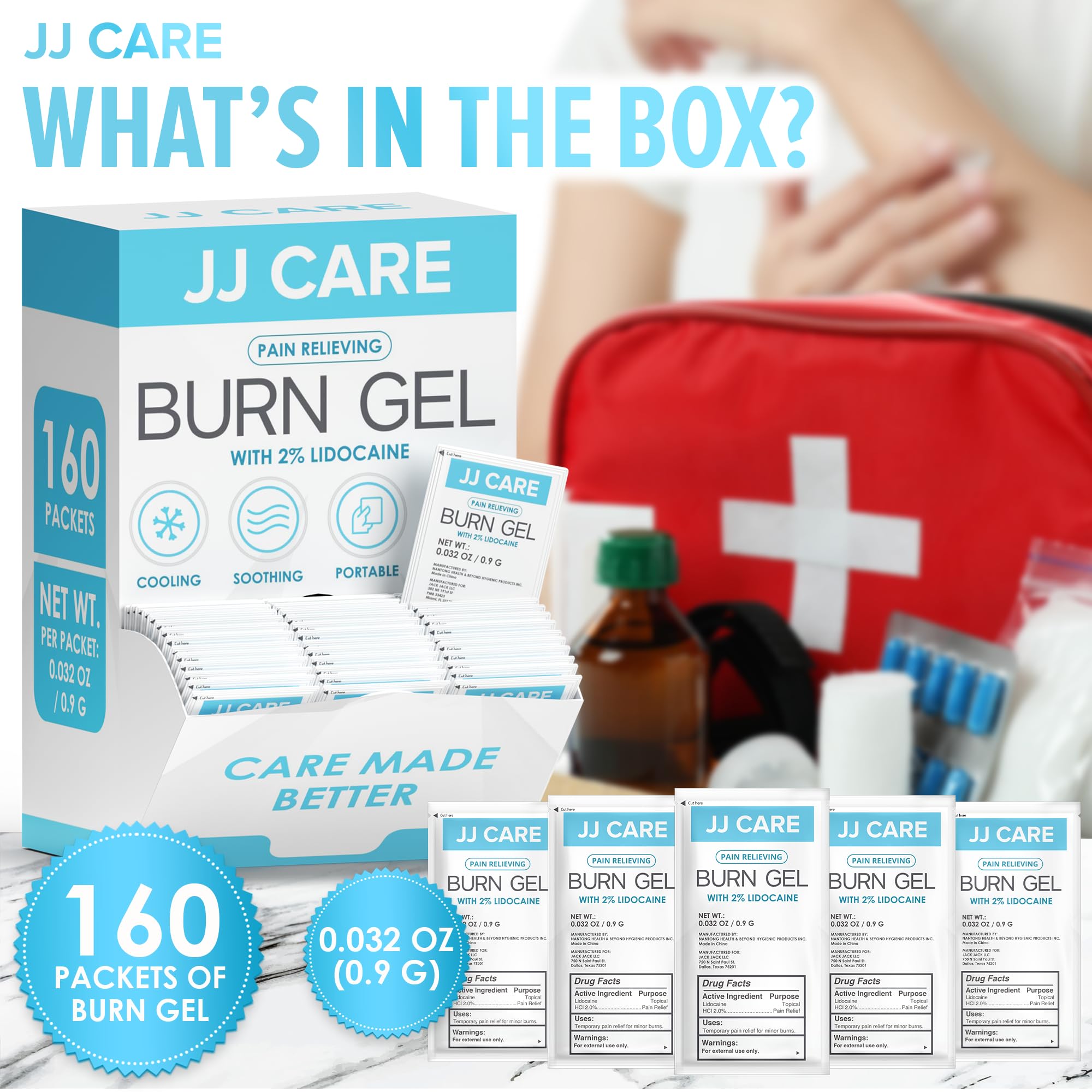 Close-up of a single JJ CARE burn gel packet ready for use
