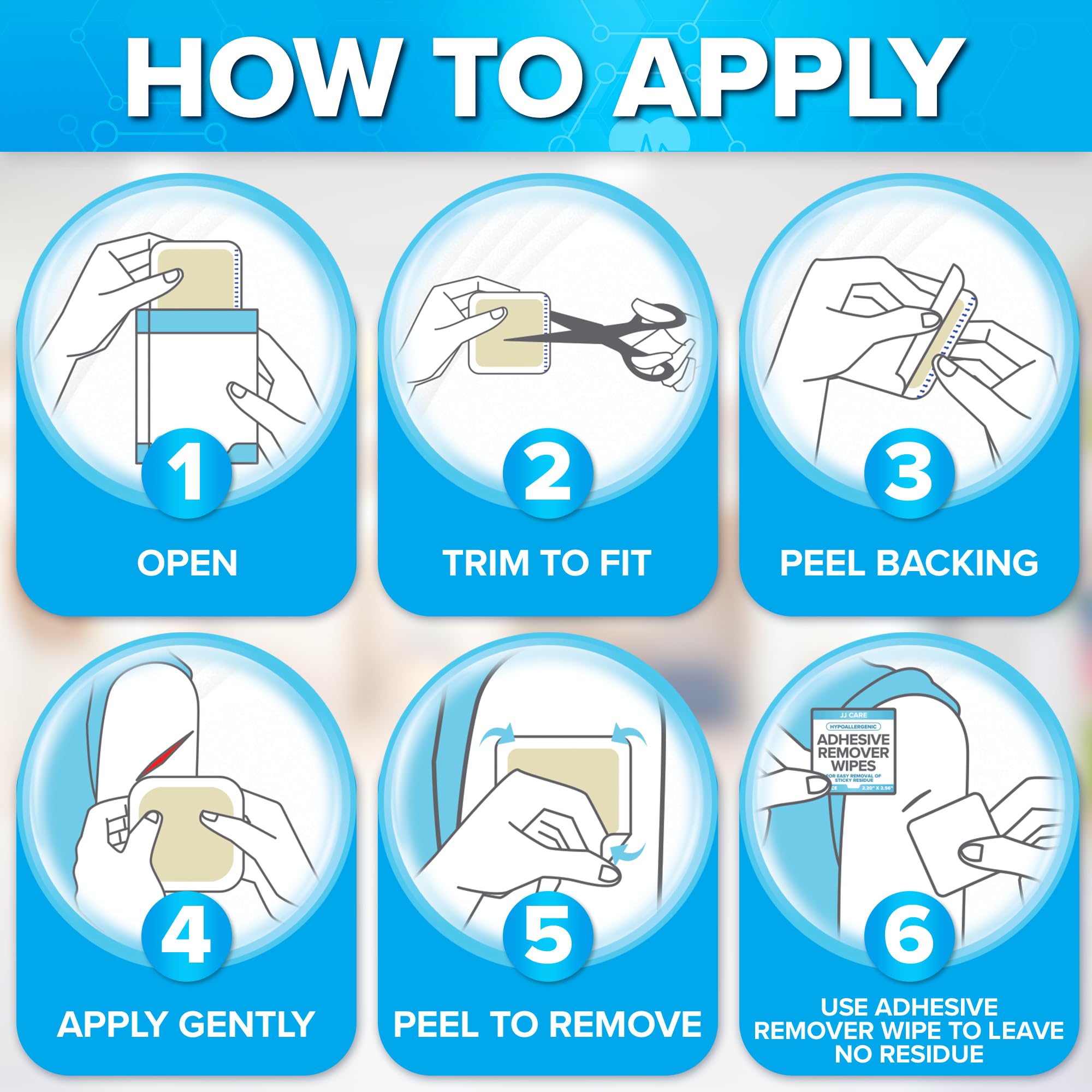 JJ CARE easy-remove hydrocolloid dressing minimizes pain during removal.
