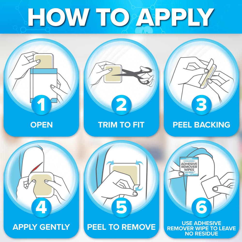JJ CARE easy-remove hydrocolloid dressing minimizes pain during removal.