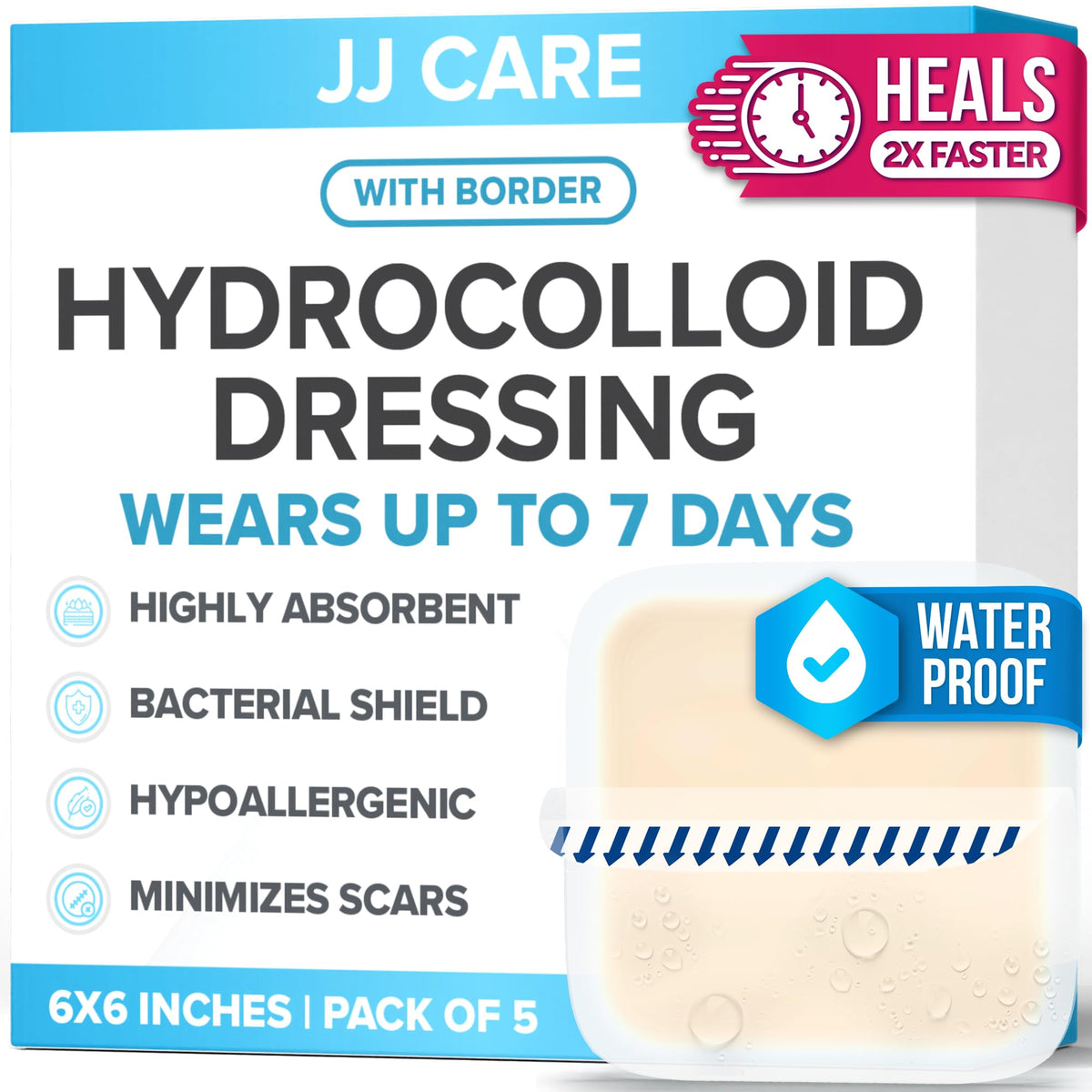 JJ CARE hydrocolloid dressing 6x6 border application demonstrates secure adhesion across wounds.