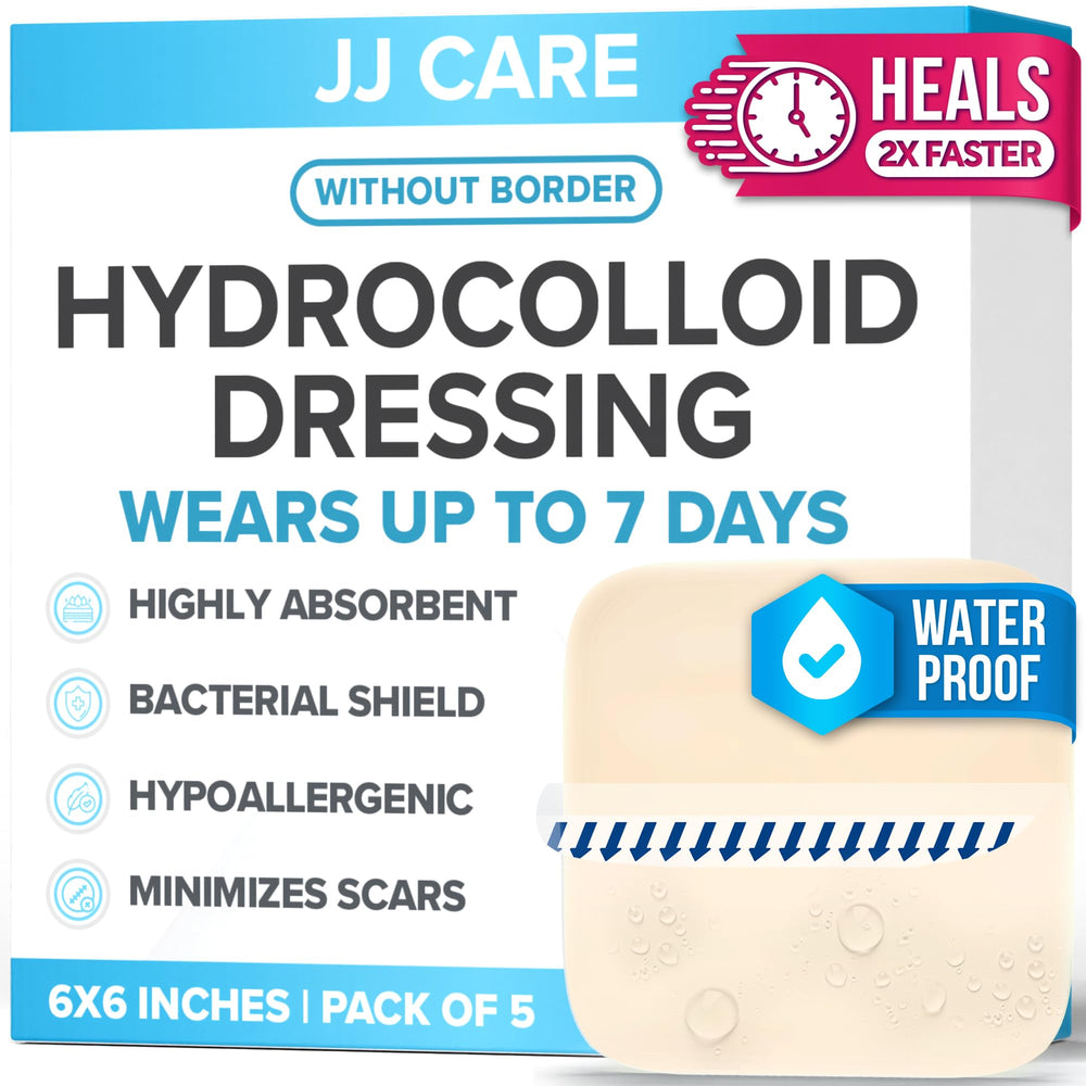 JJ CARE hydrocolloid dressing 6x6 in pack of five protects bedsores with discreet, borderless adhesion.