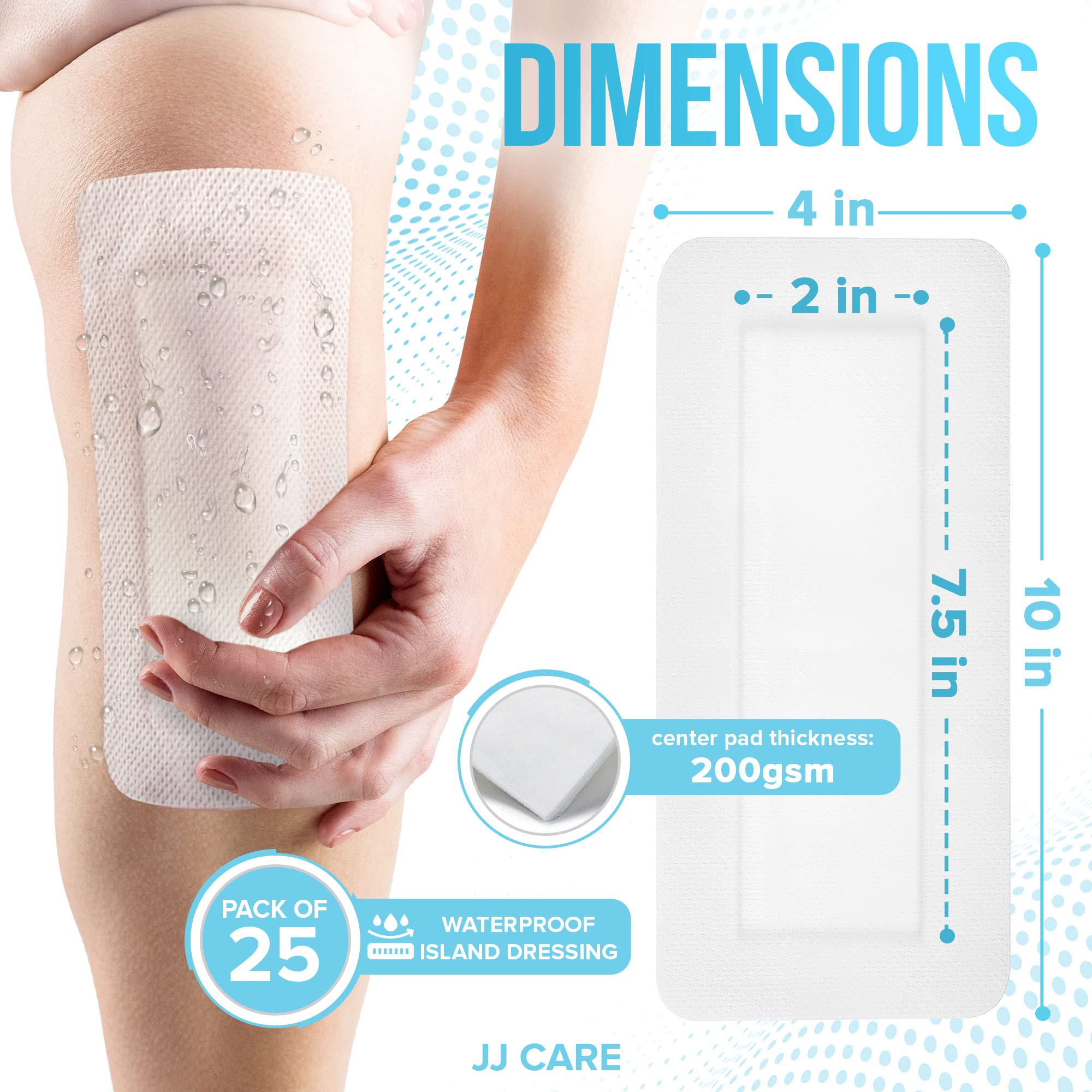 JJ CARE sterile bordered gauze dressing showing breathable construction for gentle wear.