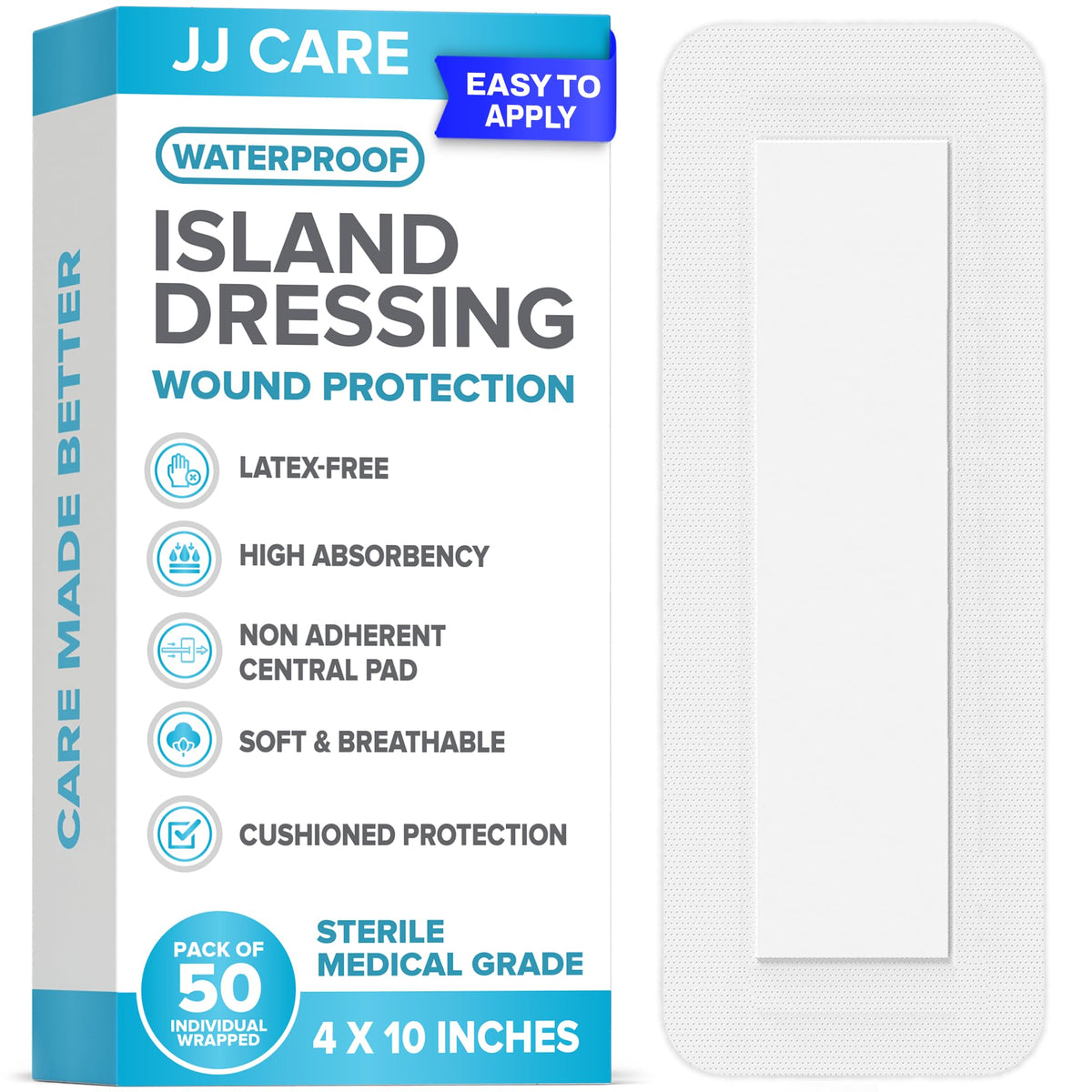 JJ CARE waterproof island dressing 4x10 pack; breathable protection for lightly draining wounds.