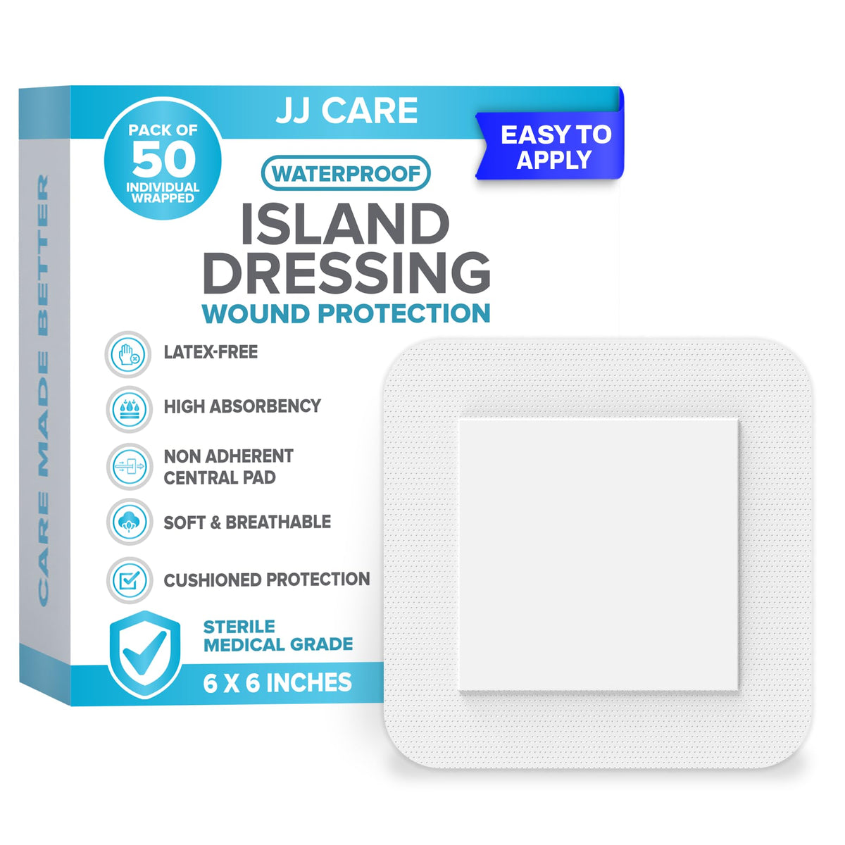JJ CARE waterproof island dressing 6x6 pack ready for secure, clean wound care.