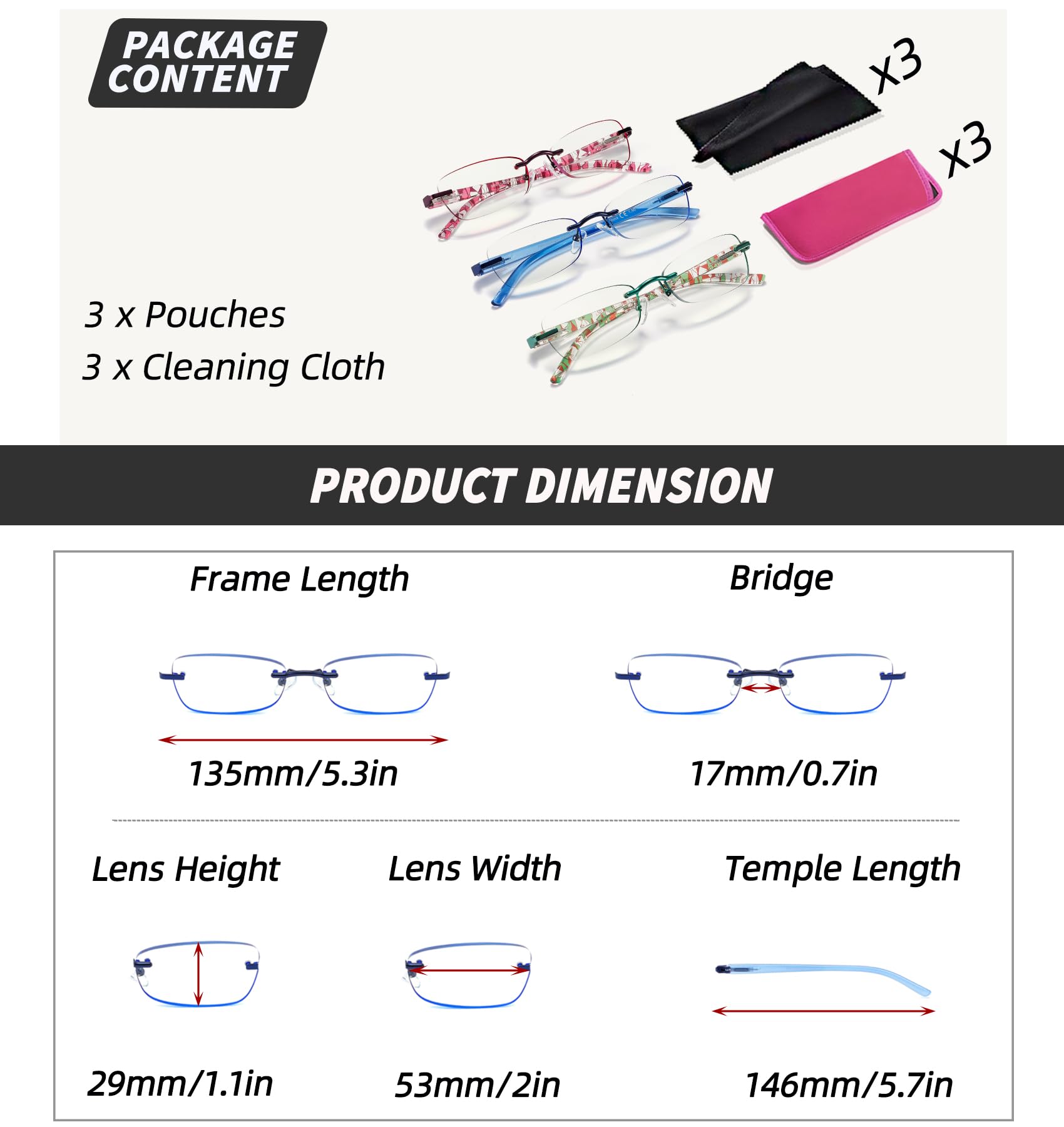 JJWELL lightweight rimless women's reading glasses for everyday use