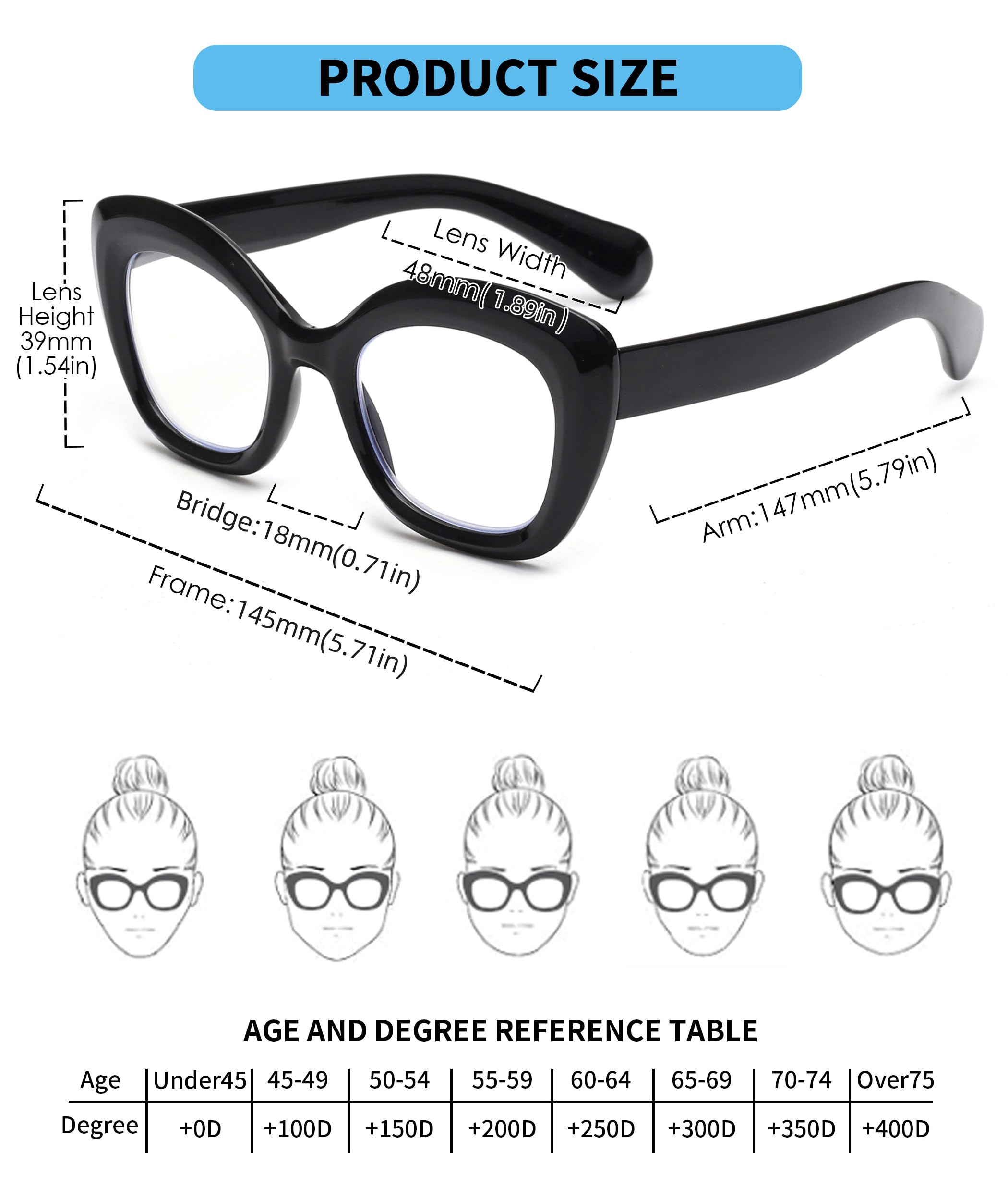 JM 3 Pack oversized cat-eye reading glasses—flexible spring hinge for long wear