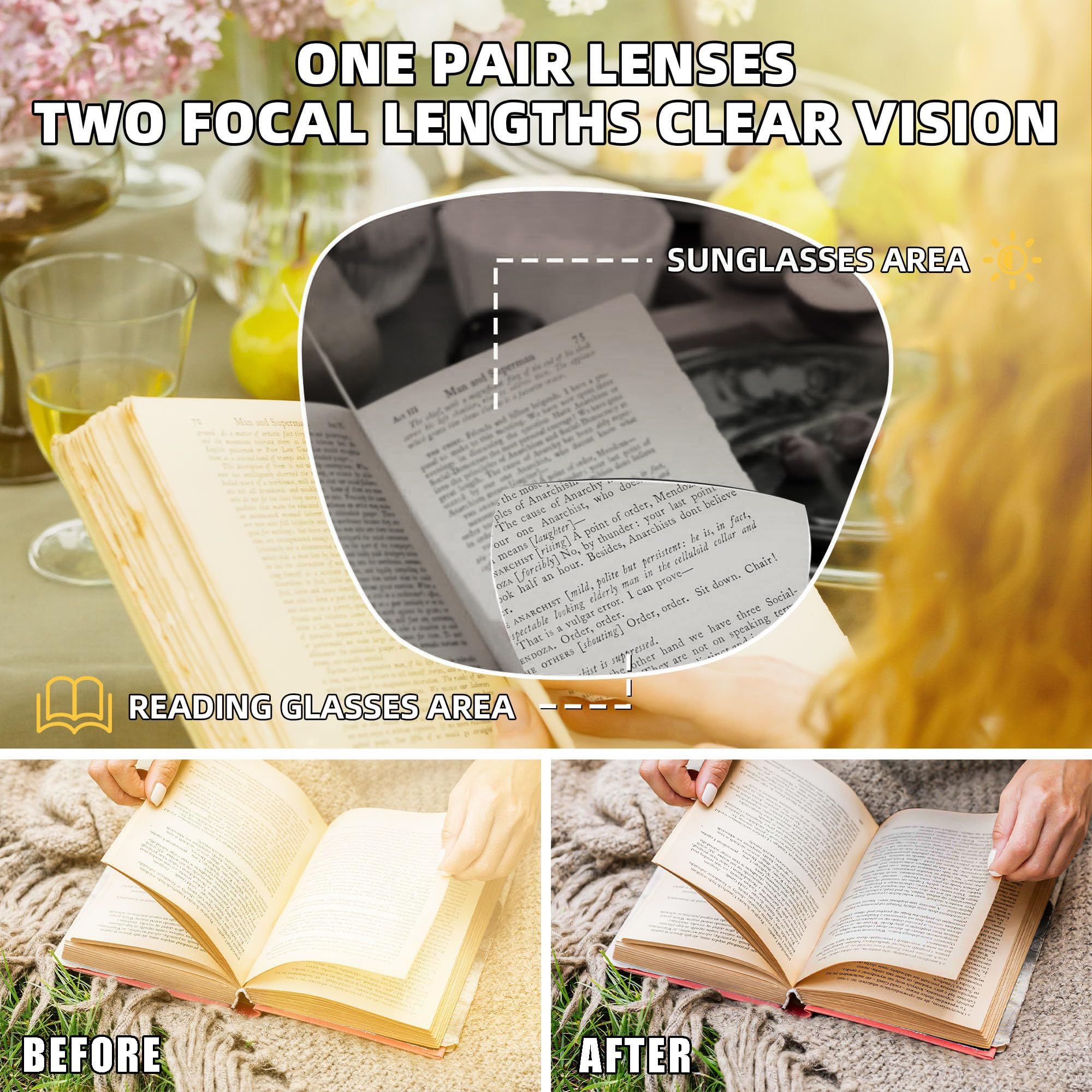 Gradient bifocal lenses on JM sunglasses for near and distance viewing.