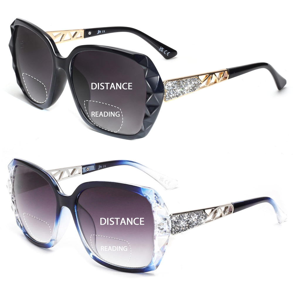 JM bifocal sunglasses with oversized square frame in black and blue for outdoor reading and style.