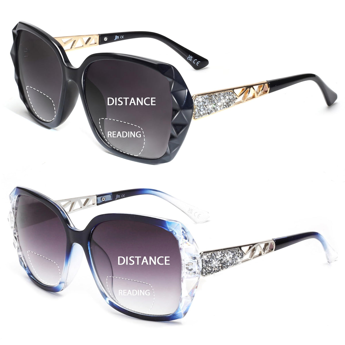 JM bifocal sunglasses with oversized square frame in black and blue for outdoor reading and style.