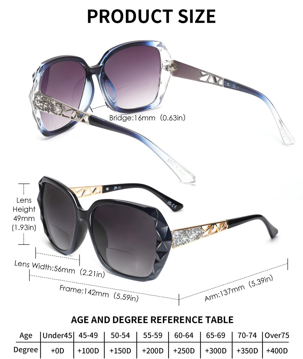 JM bifocal sunglasses block UVA and UVB rays for eye protection outdoors.