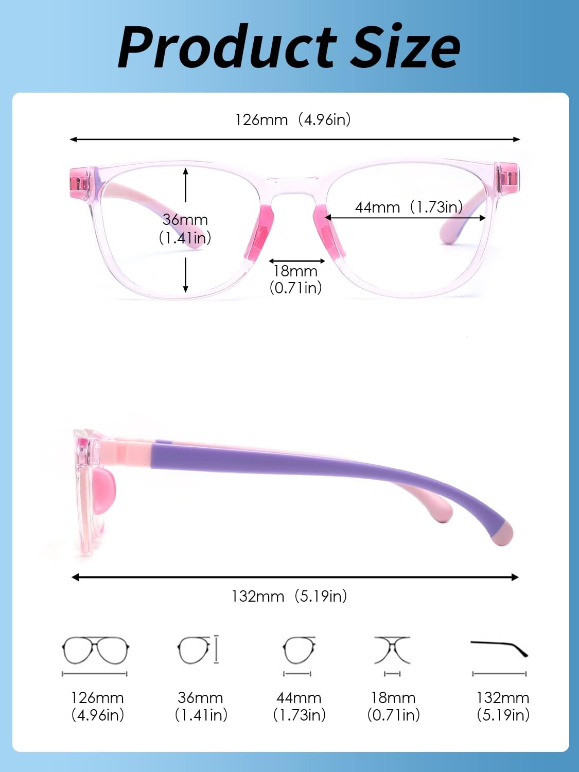 JM Kids pink square glasses packaged with pouch and rope