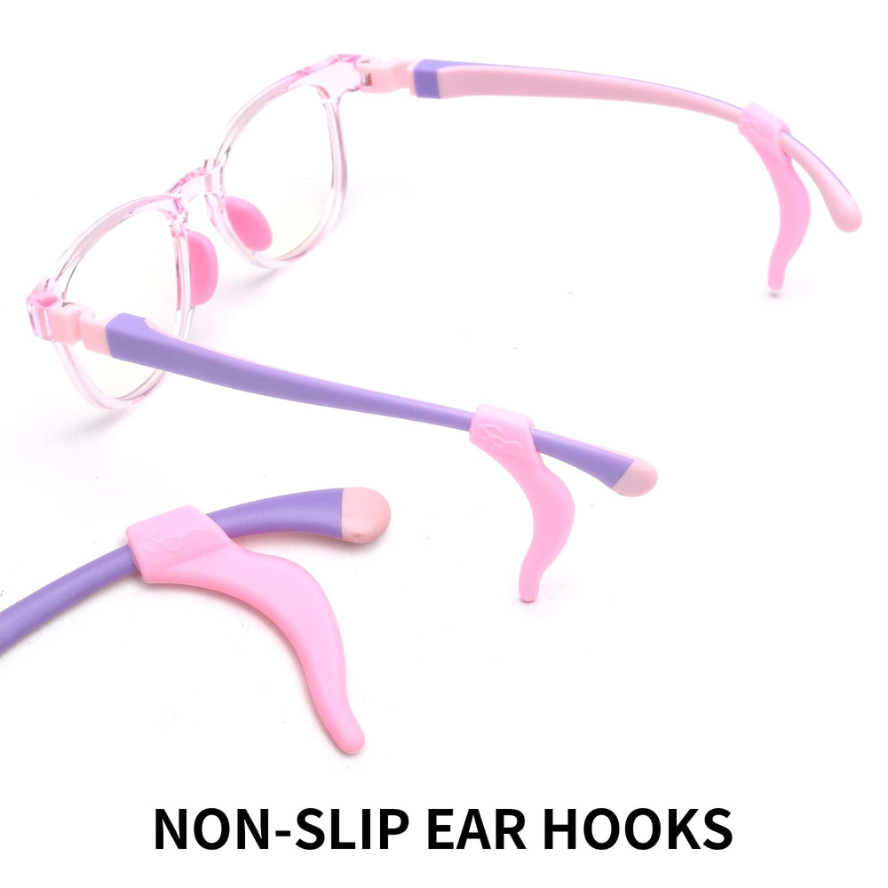 Product image showing JM Kids pink square glasses with cleaning cloth