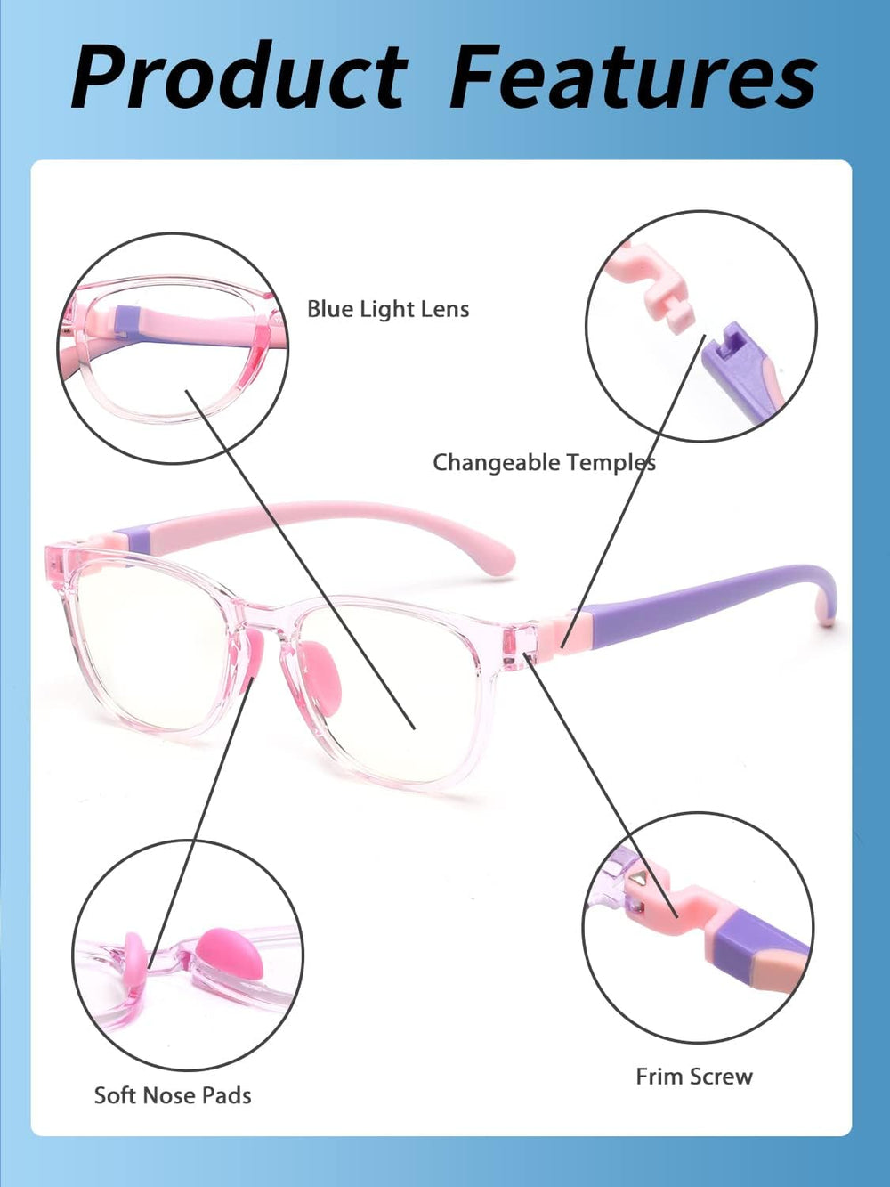 Close-up of JM Kids pink square lenses showing polycarbonate safety features