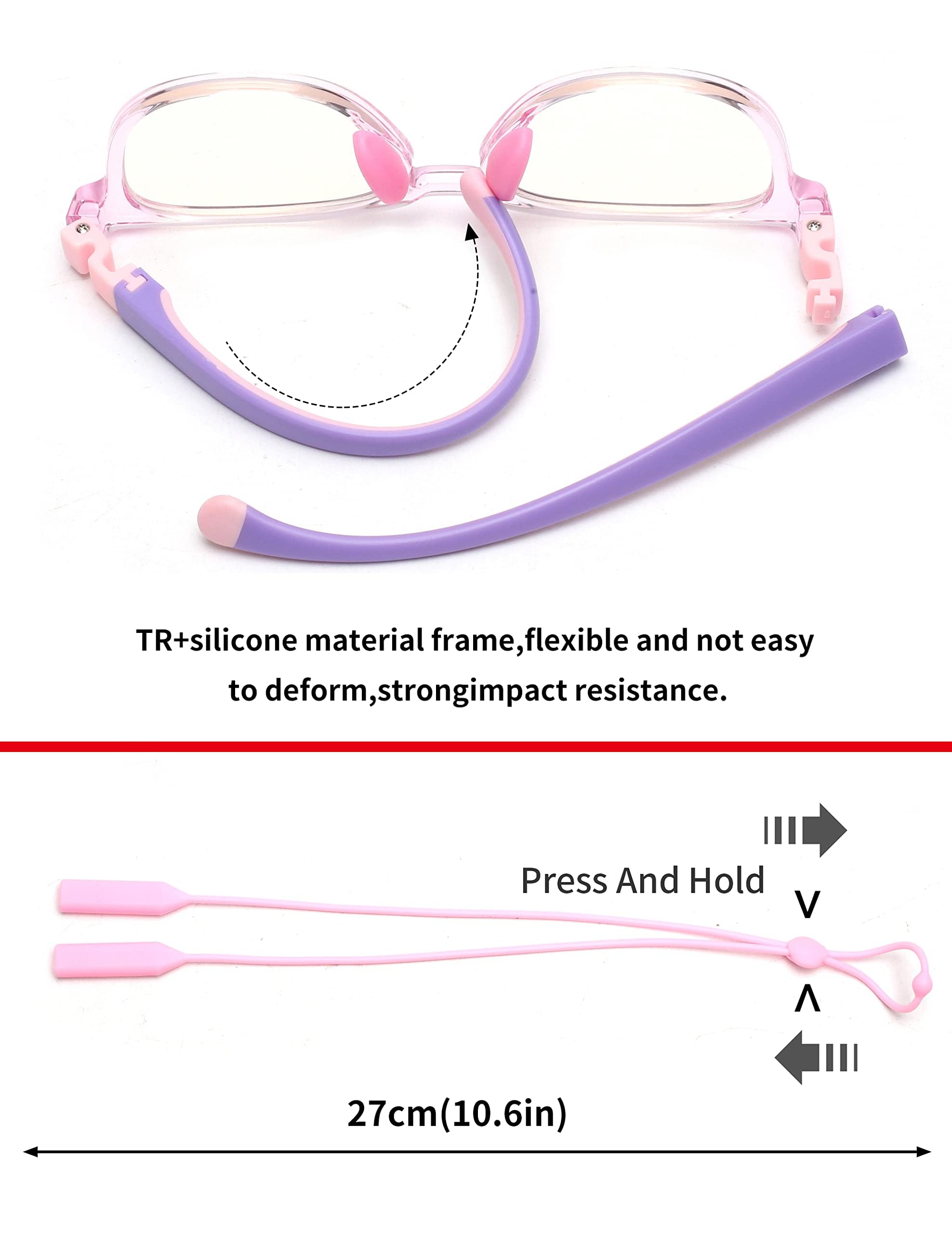JM Kids blue light glasses pink square wearing image demonstrates lightweight design