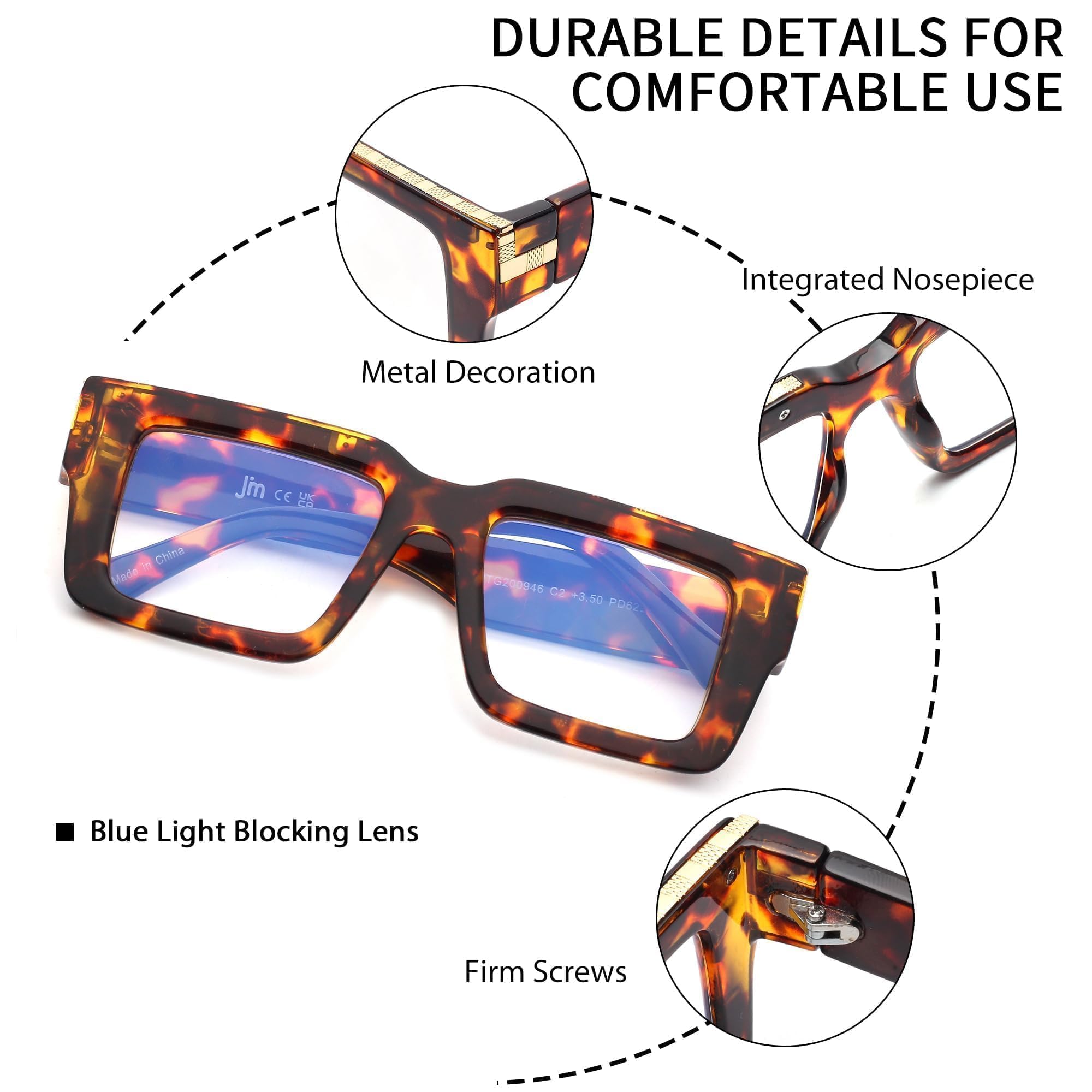 JM Oprah-style reading glasses weigh about 1.6 ounces for lightweight wear