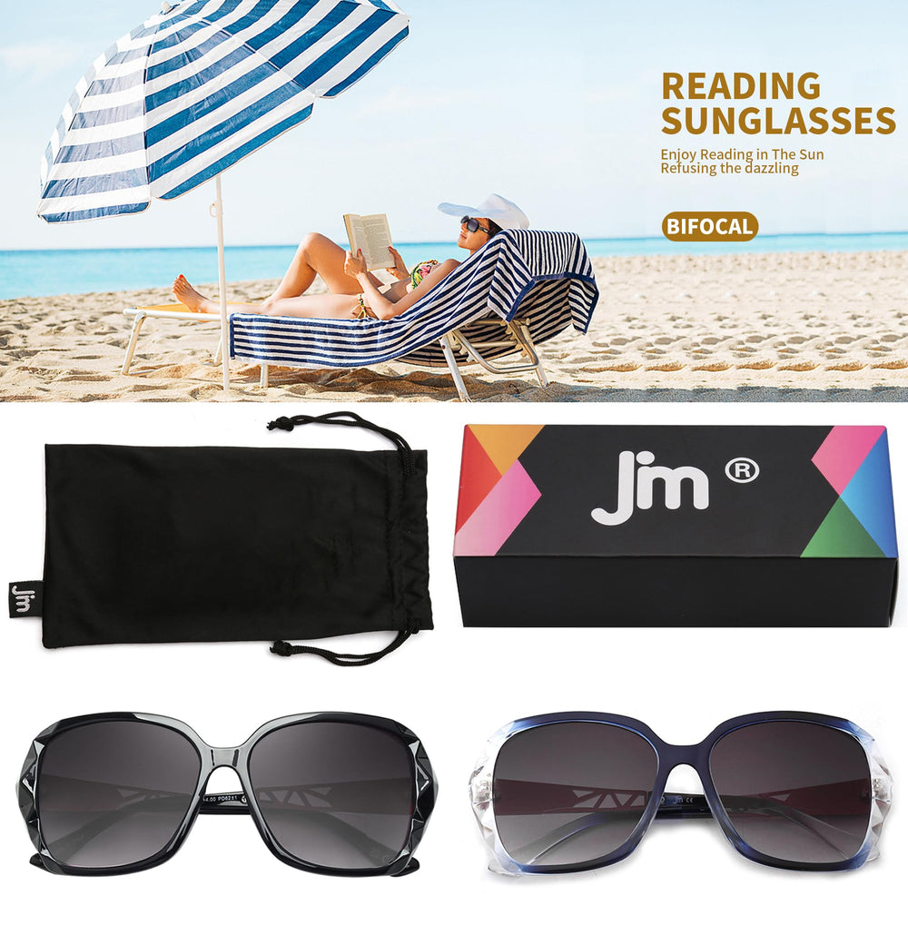 JM reading glasses packaged with a protective pouch for storage and travel.