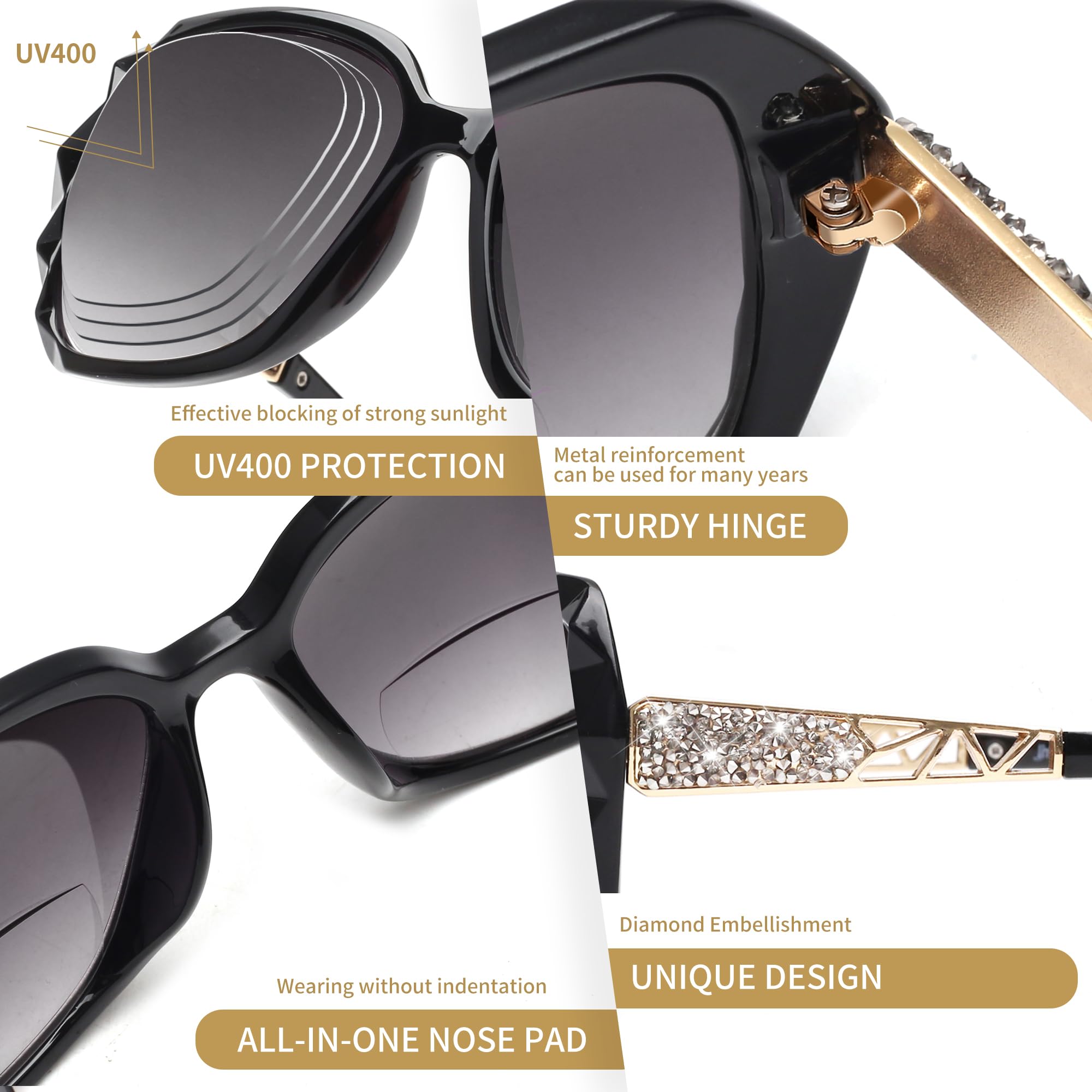 JM bifocal sunglasses highlighting skin-friendly materials for comfortable wear.