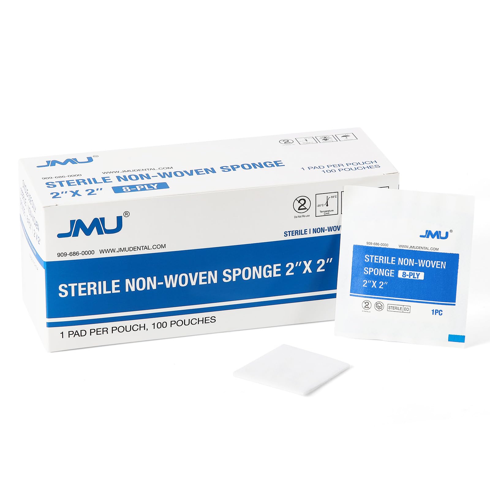 Gasa esterilizada JMU 8 capas, tamaño 2x2, alta absorción para primeros auxilios.