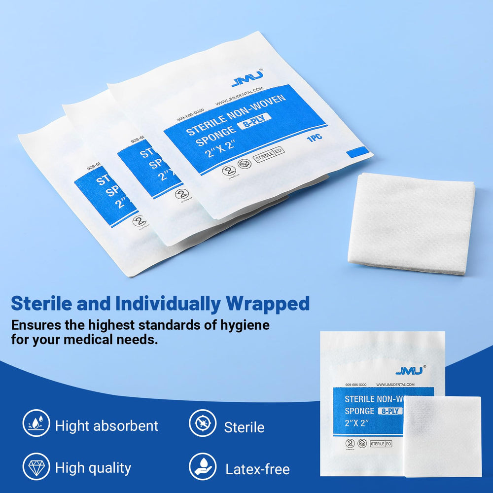 Gasa esterilizada JMU con empaque individual, lista para kit de primeros auxilios.