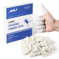 JMU latex finger cots in box packaging for organized use.