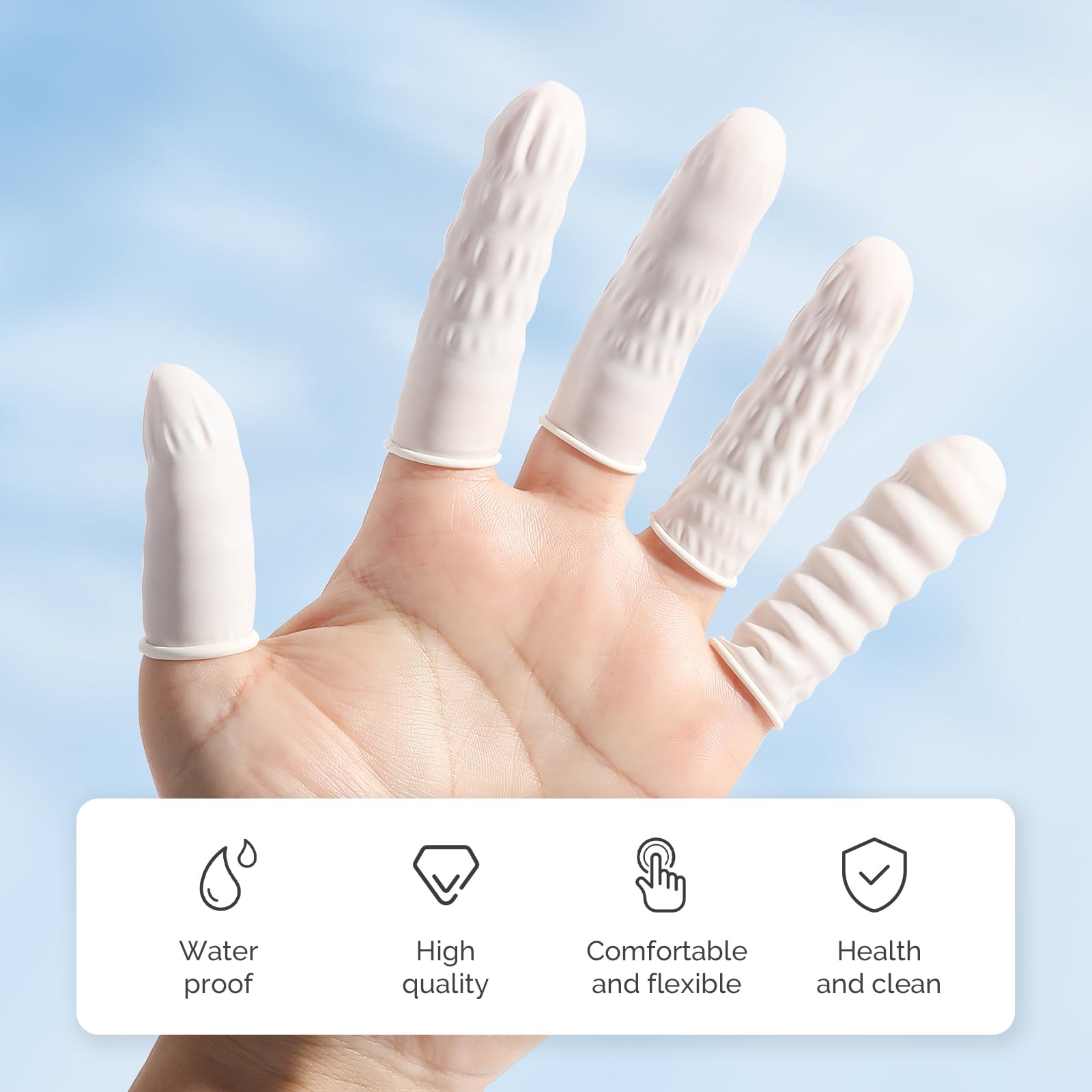 JMU finger cots protect fingertips from chemicals during tasks.