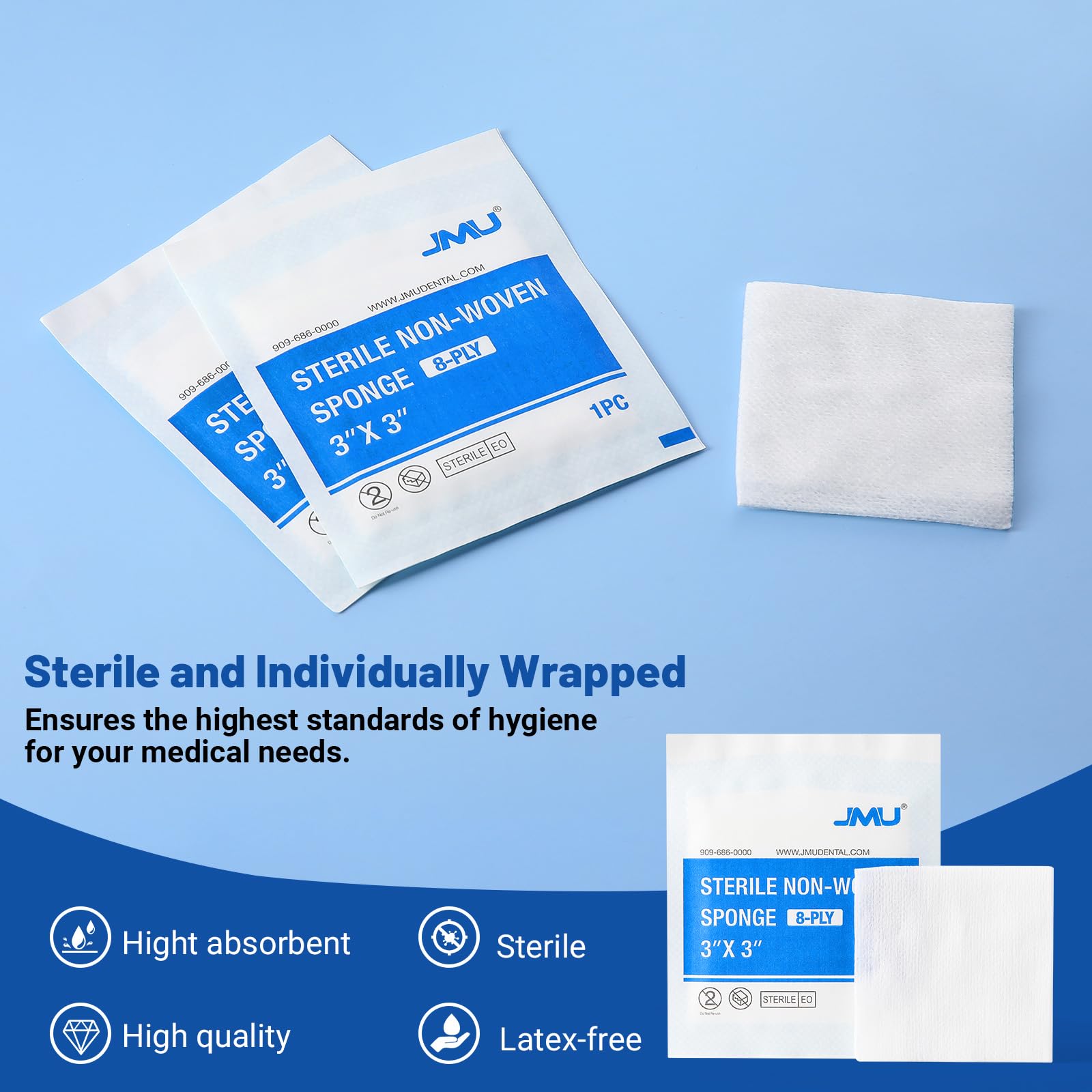 JMU sterile gauze pads individually wrapped for on-the-go wound care.