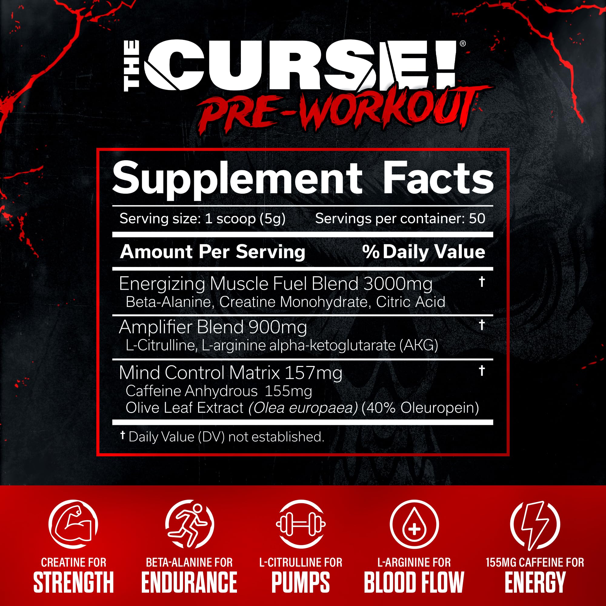 Nutrition label highlights creatine and caffeine in a smart ingredient blend.