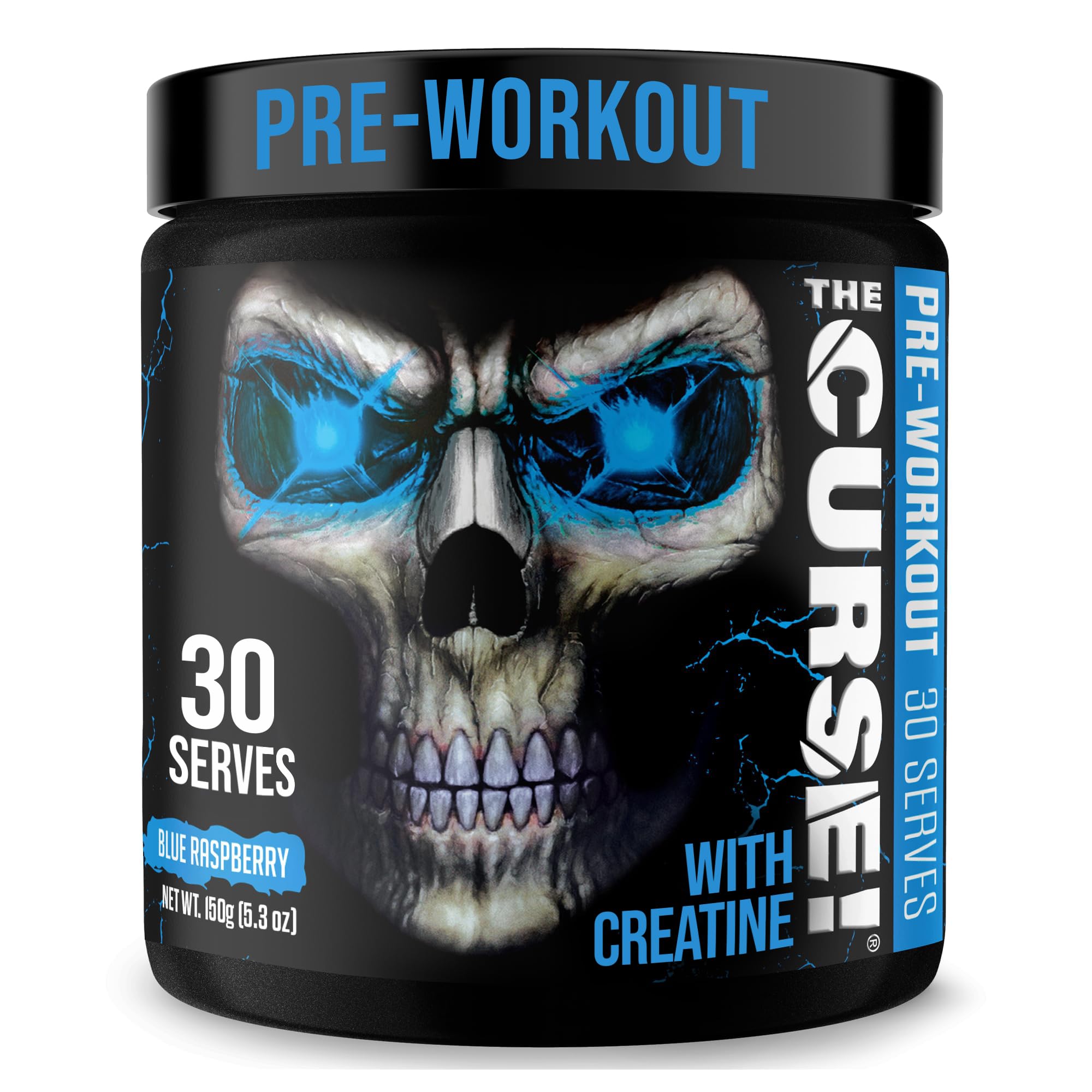 JNX Sports The Curse bottle with blue raspberry flavor ready for intense workouts.