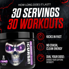 The Curse powder scoop showing a measured serving for pre-workout energy.