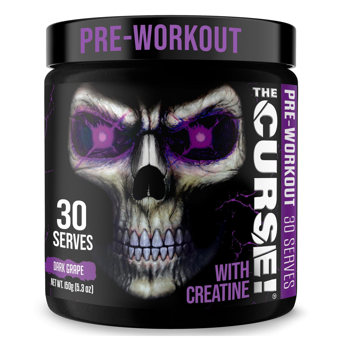 The Curse preworkout tub front view from JNX Sports highlighting energy-boosting formula