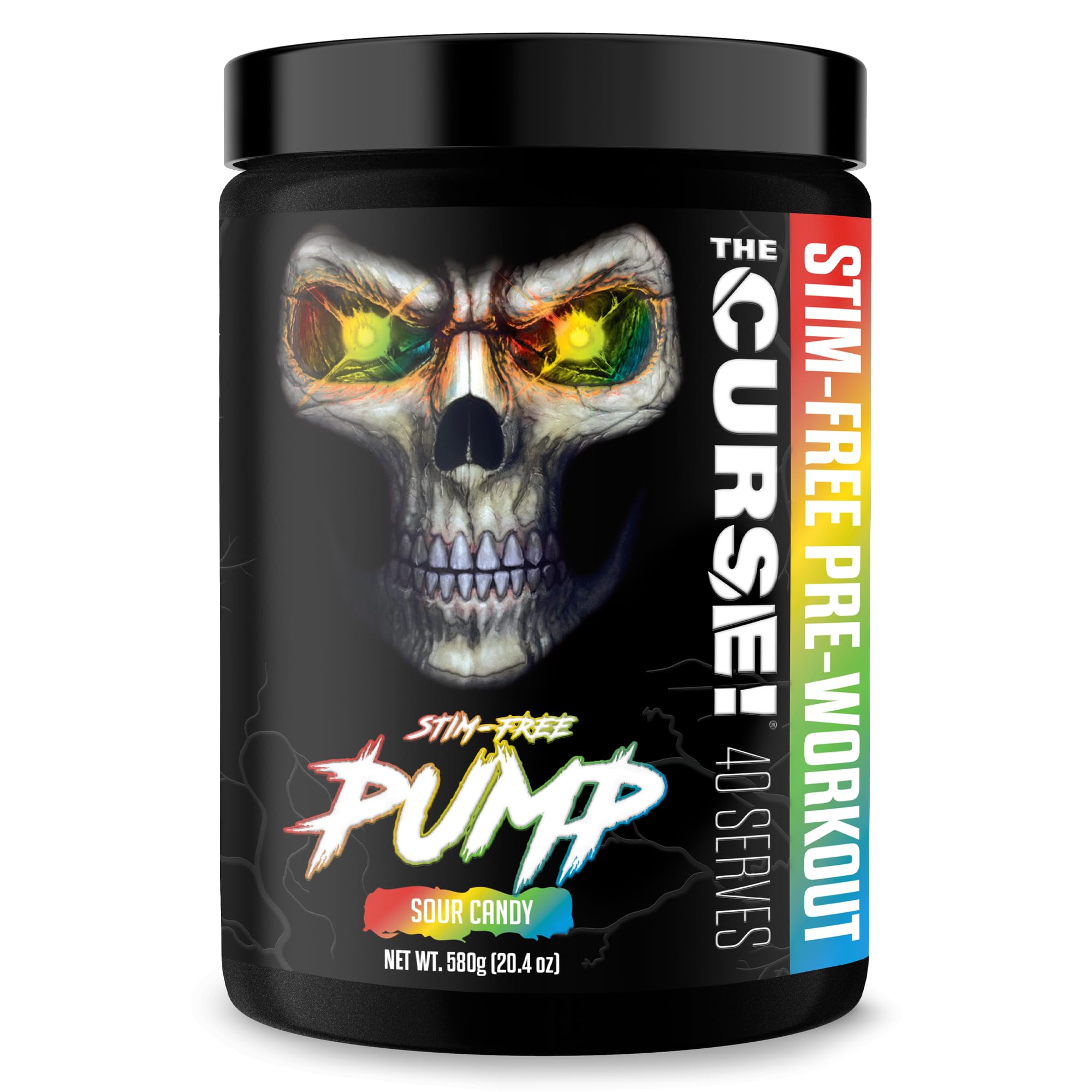 JNX Sports The Curse! Pump sour candy tub front boosts nitric oxide for enhanced pumps without caffeine.