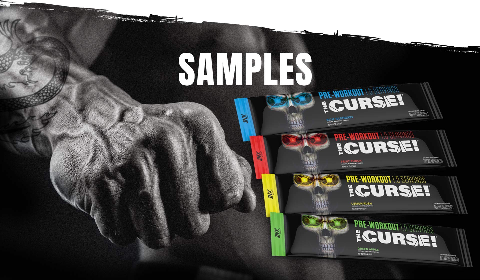 The Curse label closeup shows supplement facts and ingredients.