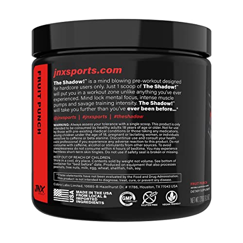 JNX Sports The Shadow! back label highlights caffeine and focus ingredients for workouts.