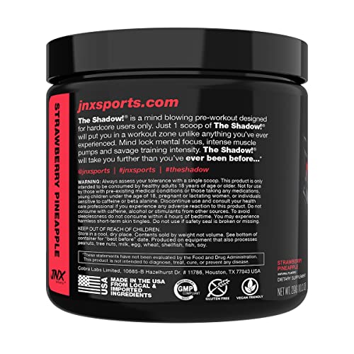 The Shadow ingredient label highlights a high-stim blend for focus and endurance