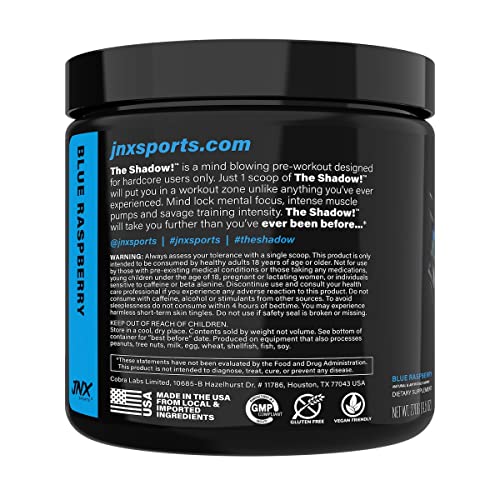 The Shadow! tub label close-up emphasizes caffeine and focus ingredients for sustained training.