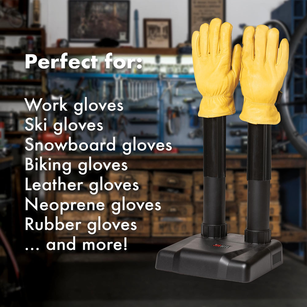 JobSite glove dryer attachment in action drying a pair of gloves quickly.