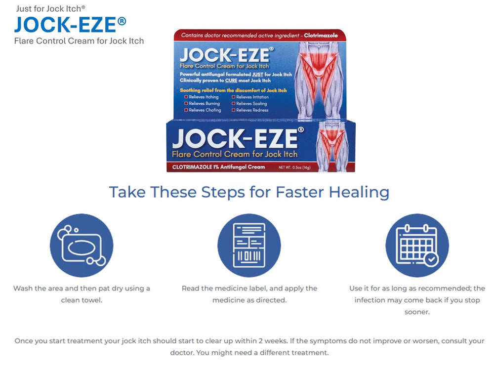 JOCK-EZE packaging highlights fragrance-free and paraben-free formula.