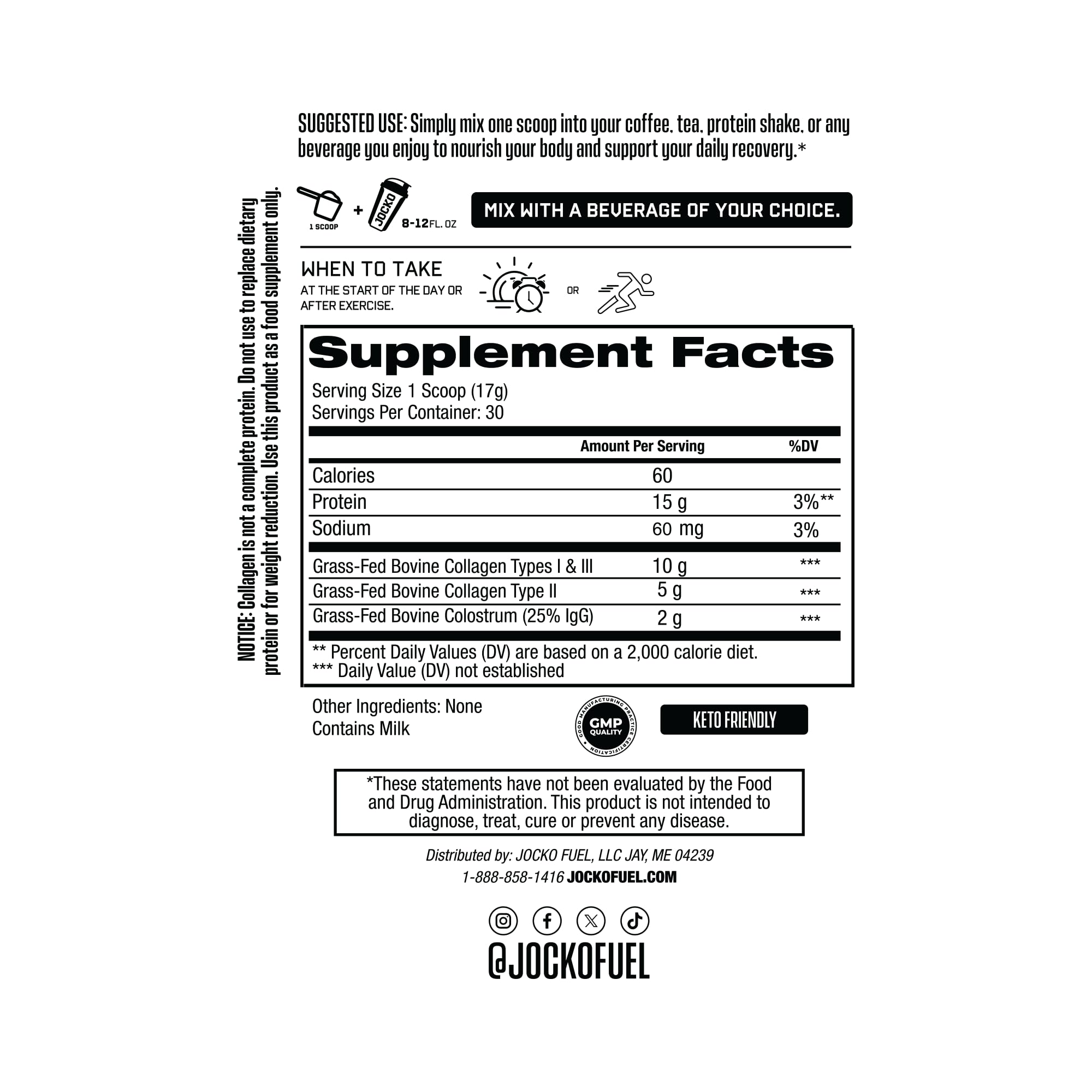 Jocko Fuel collagen-colostrum pouring shows smooth mix for gut health.