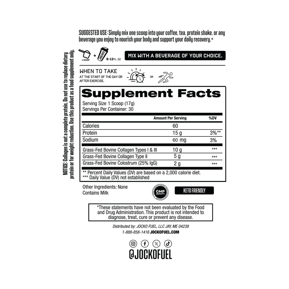 Jocko Fuel collagen-colostrum pouring shows smooth mix for gut health.
