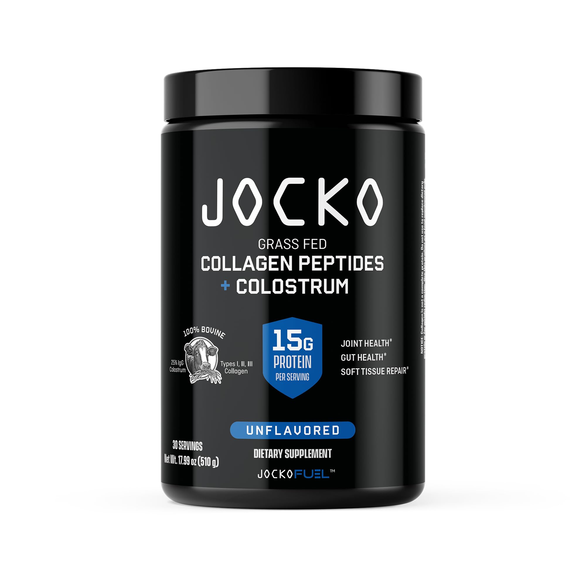Jocko Fuel collagen-colostrum tub label highlights a dual-action recovery formula.