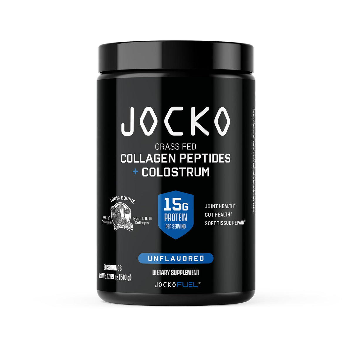 Jocko Fuel collagen-colostrum tub label highlights a dual-action recovery formula.