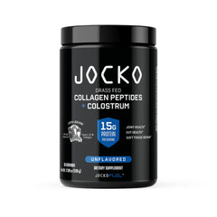 Jocko Fuel collagen-colostrum tub label highlights a dual-action recovery formula.