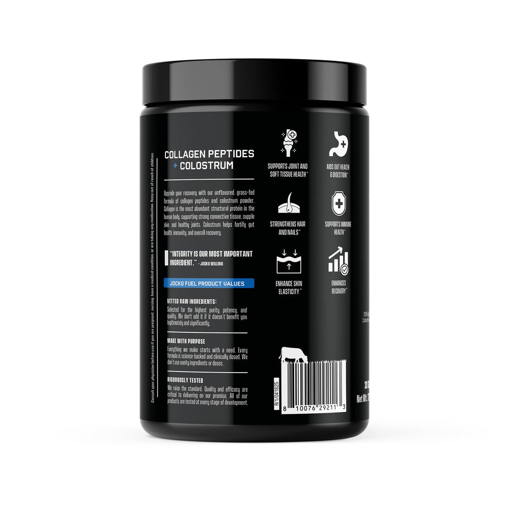 Jocko Fuel colostrum first-milking bottle close-up indicates immune-support potential.