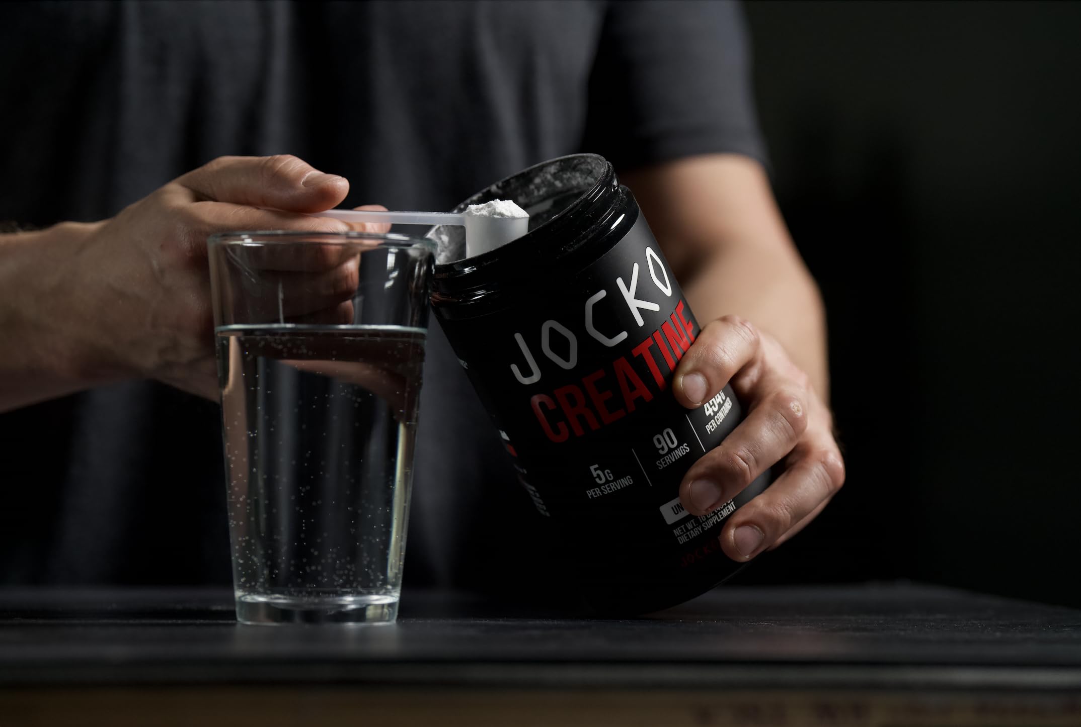 Jocko Fuel Creatine Monohydrate bottle close-up highlights sturdy jar.