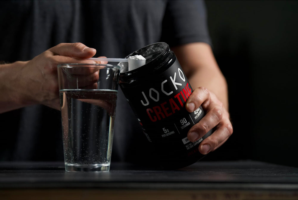 Jocko Fuel Creatine Monohydrate bottle close-up highlights sturdy jar.