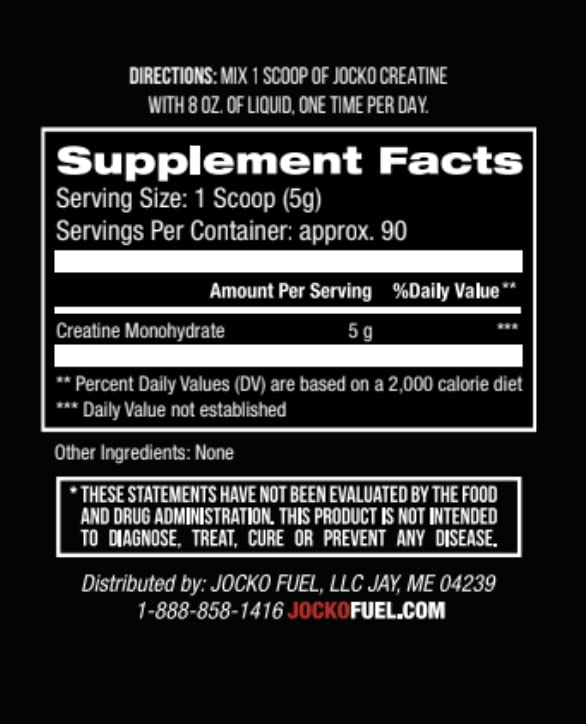 Jocko Fuel Creatine Monohydrate label provides clear ingredient details for informed use.