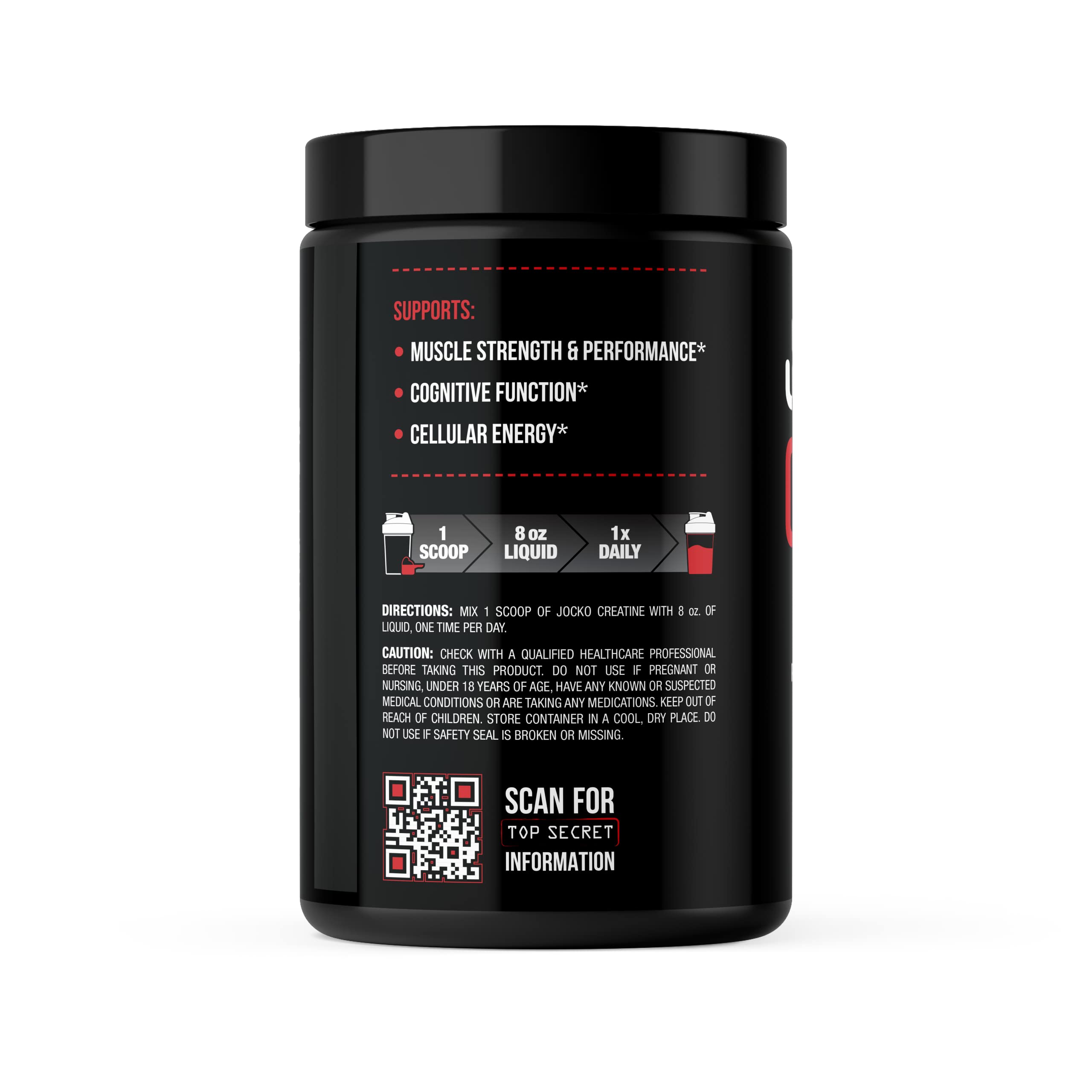 Jocko Fuel Creatine Monohydrate scoop highlights easy dosage for workouts.