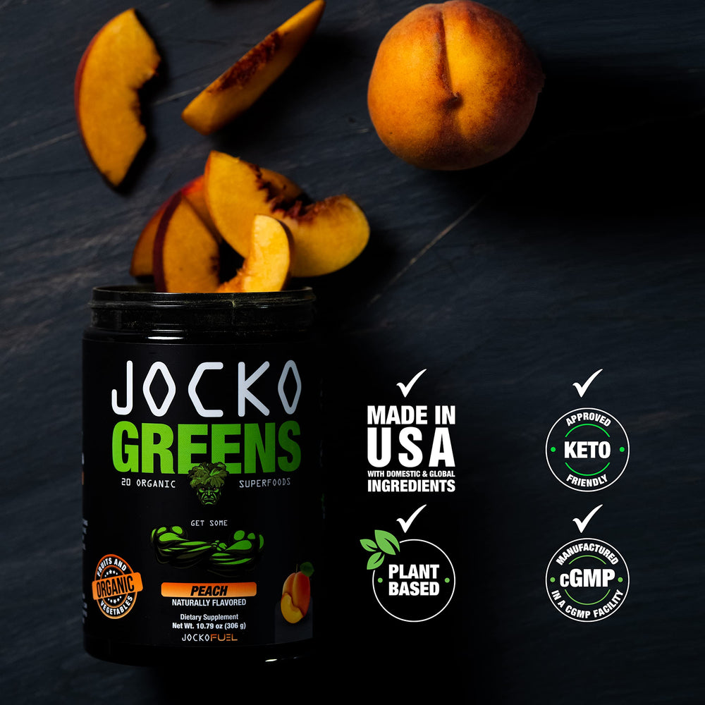 Jocko Fuel Daily Greens peach flavor image shows refreshing taste with no artificial sweeteners.