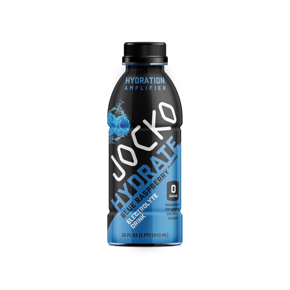 Jocko Fuel Hydrate blue raspberry 12-pack box shown for convenient hydration on the go.
